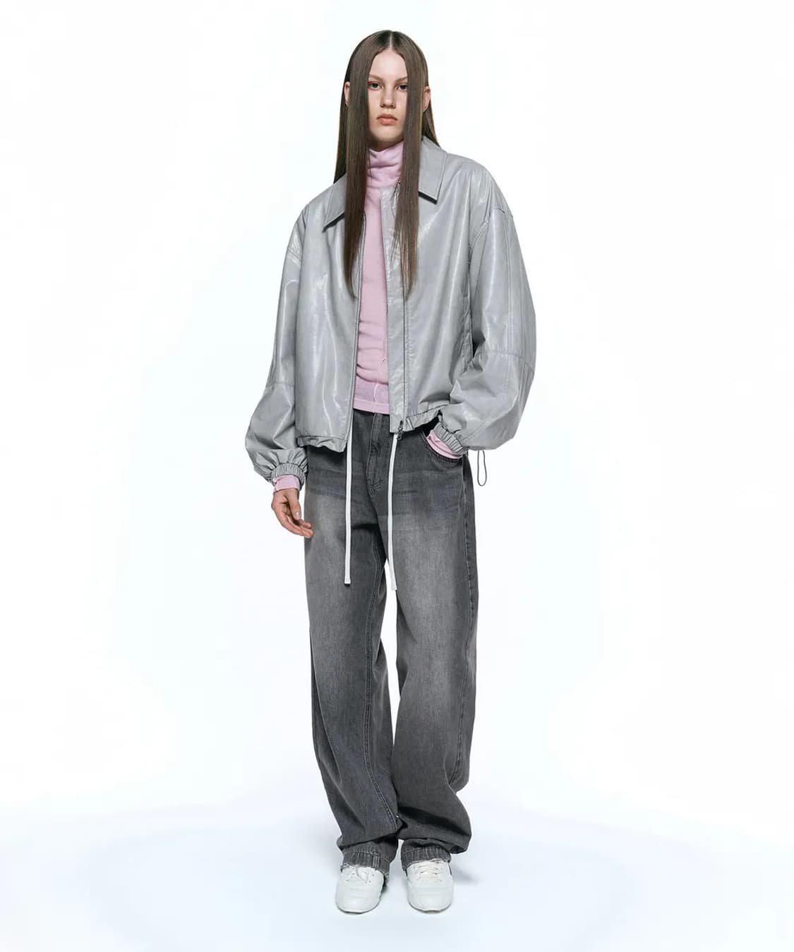 인사일런스우먼 미니멀 비건 레더 오버핏 점퍼 LIGHT GREY 상품이미지1