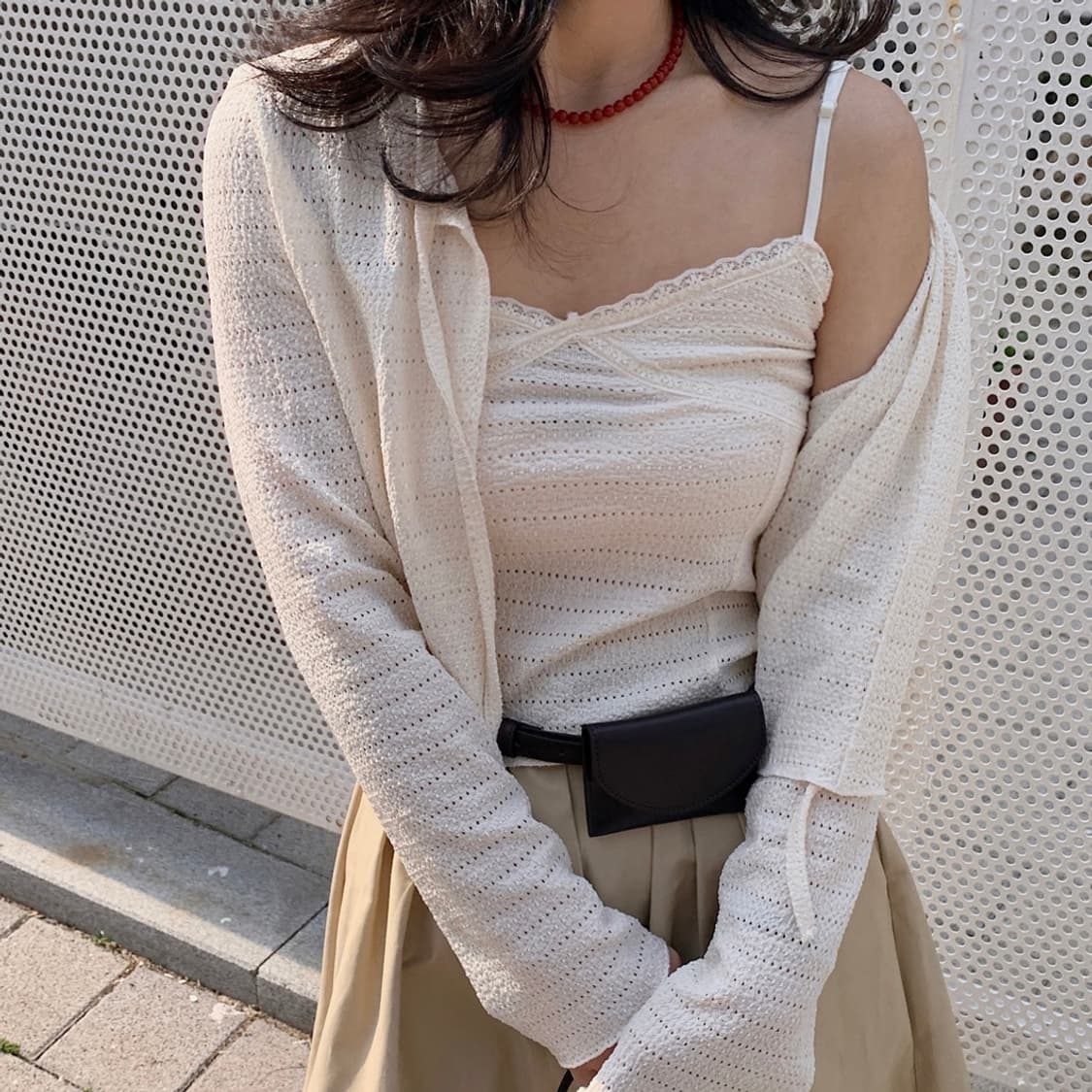 펀칭 레이스 나시 가디건 세트 크림 색상 상품이미지4