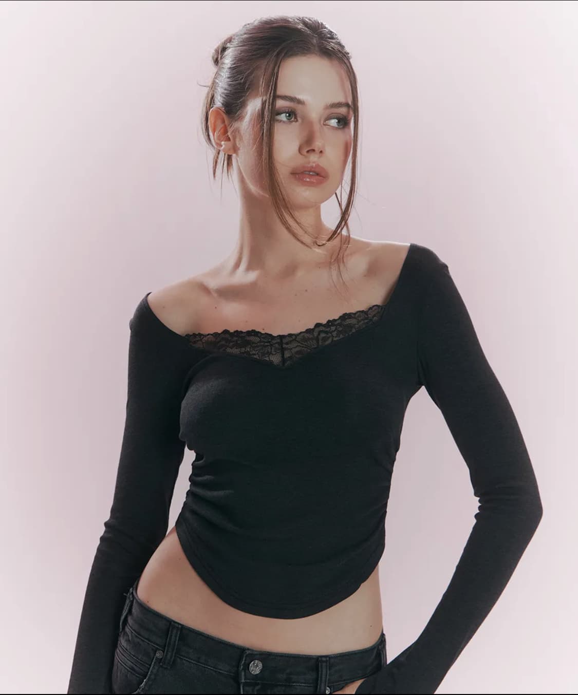 플리즈노팔로우 베라 레이스 셔링 롱 슬리브 탑 딥 차콜 vera lace 상품이미지1