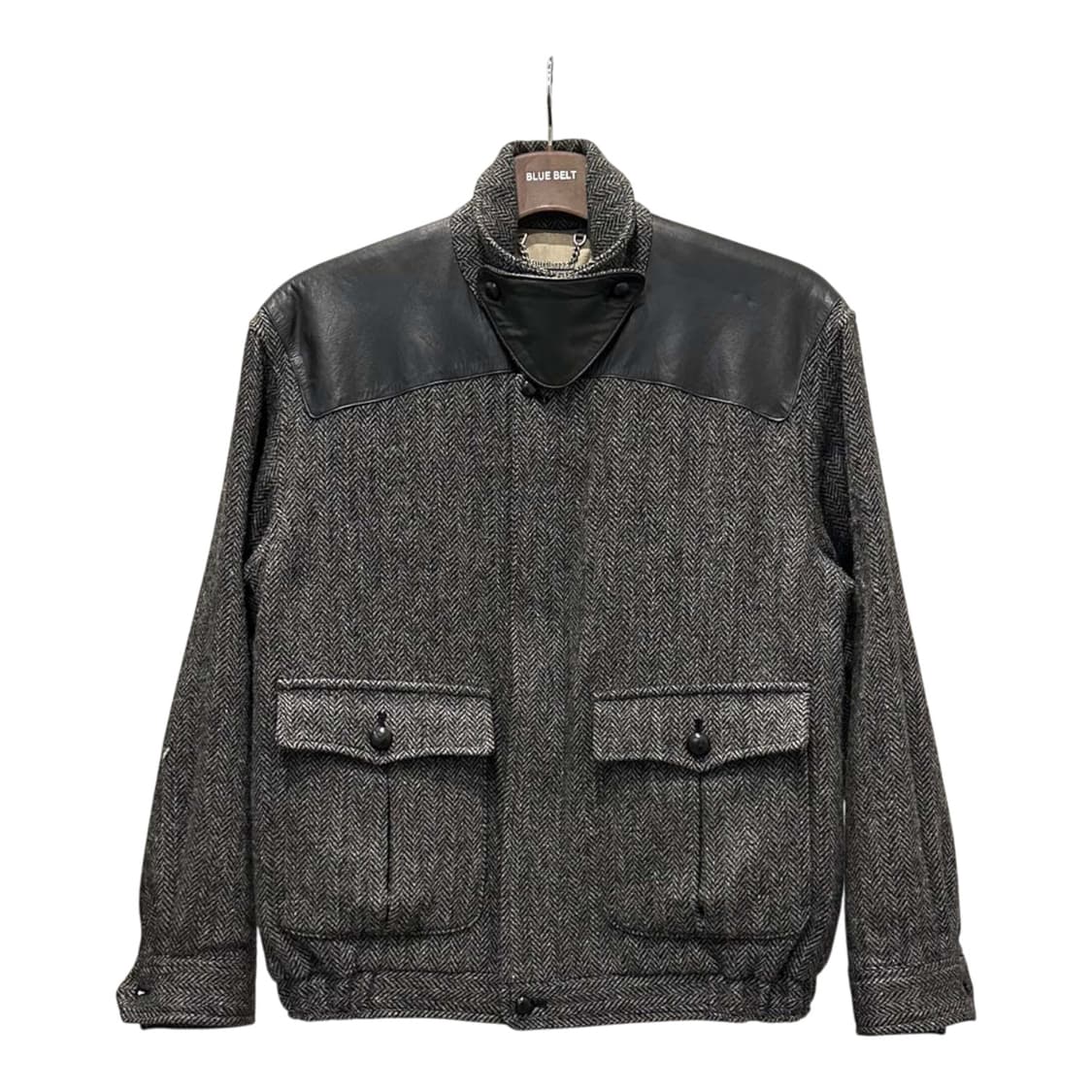 버버리 헤링본 울 자켓 레더 숄더 요크 투포켓 하이넥 디테일 그레이 상품이미지1