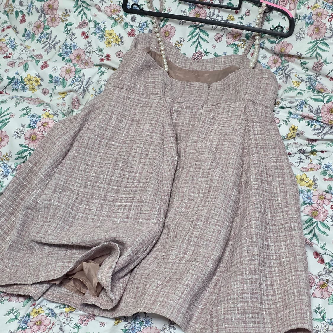 evelyn 에블린)양산형 스나계st 핑크 트위드 글리터 진주 원피스op 상품이미지6