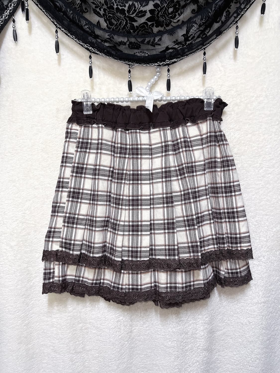 엑시즈팜 라떼갸루 초코 로맨틱 슈슈룬 브라운 레이스 체크스커트 핀터 상품이미지3