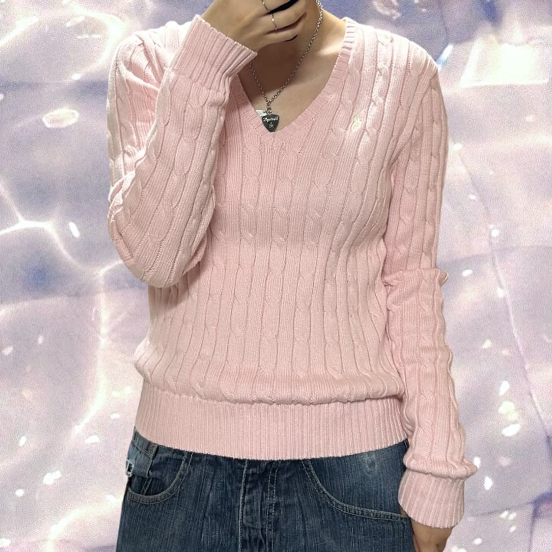 폴로 랄프로렌 신형 브이넥 꽈배기 니트 베이비 핑크 연핑크 M 상품이미지2