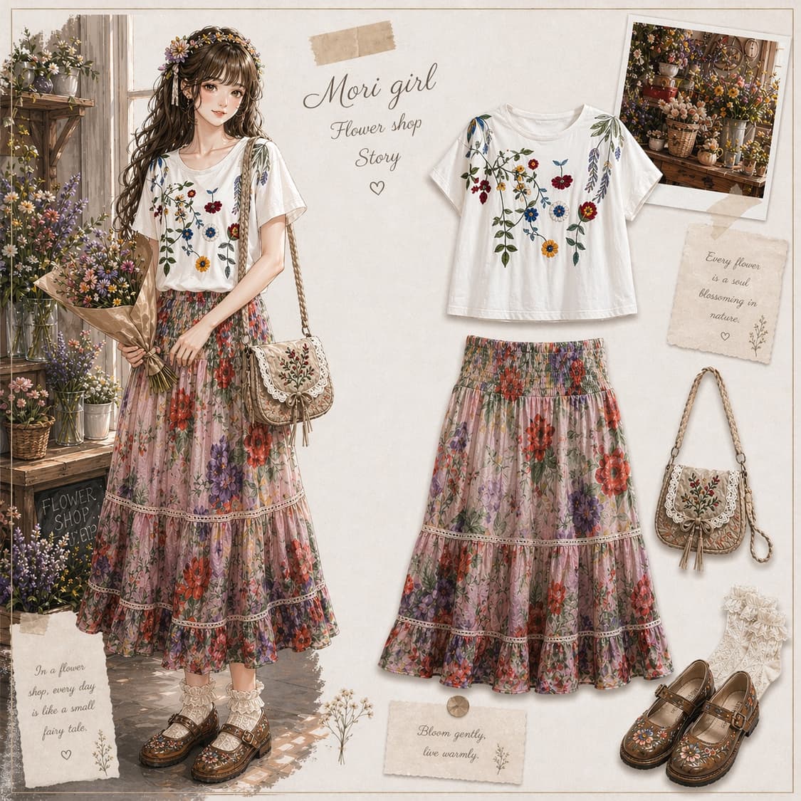 택포 코디세트 플라워 자수 반팔 + 플라워 롱스커트 상품이미지4