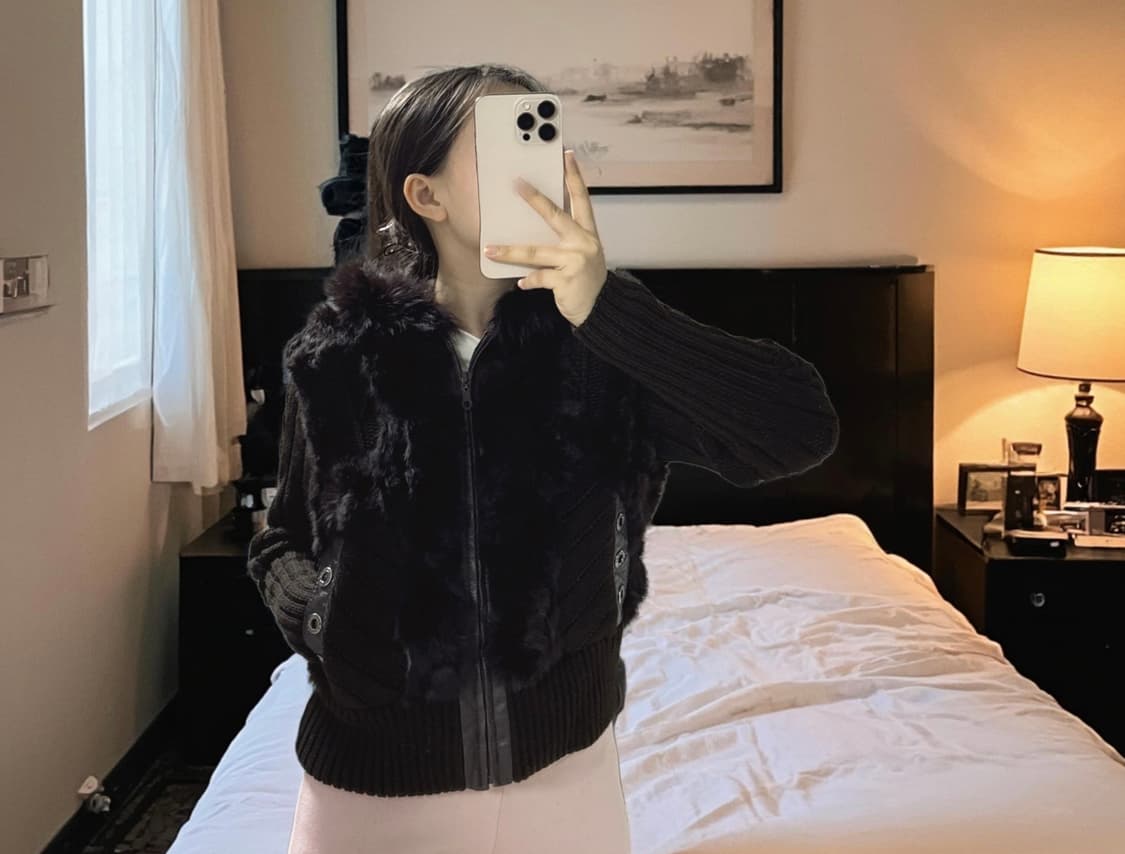 빈티지 브라운 폭스퍼 후드 꽈배기 토끼털 니트자켓 후드집업 상품이미지6