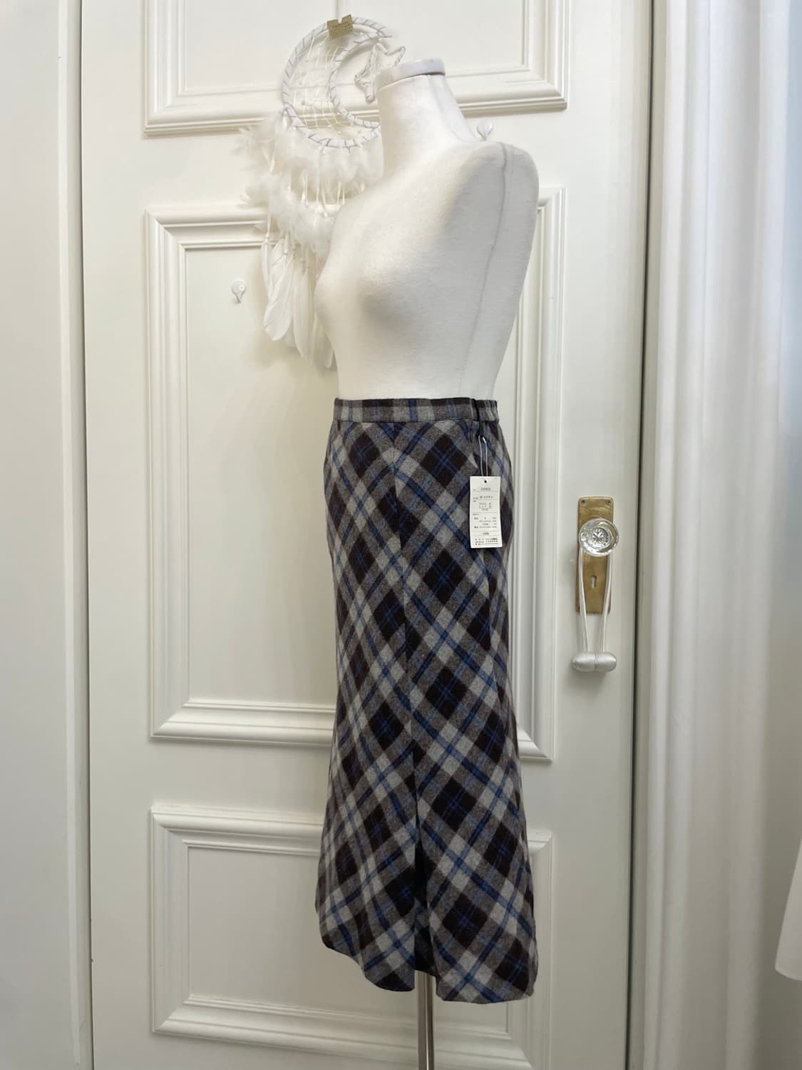 brown blue check wool pleats skirt 상품이미지2