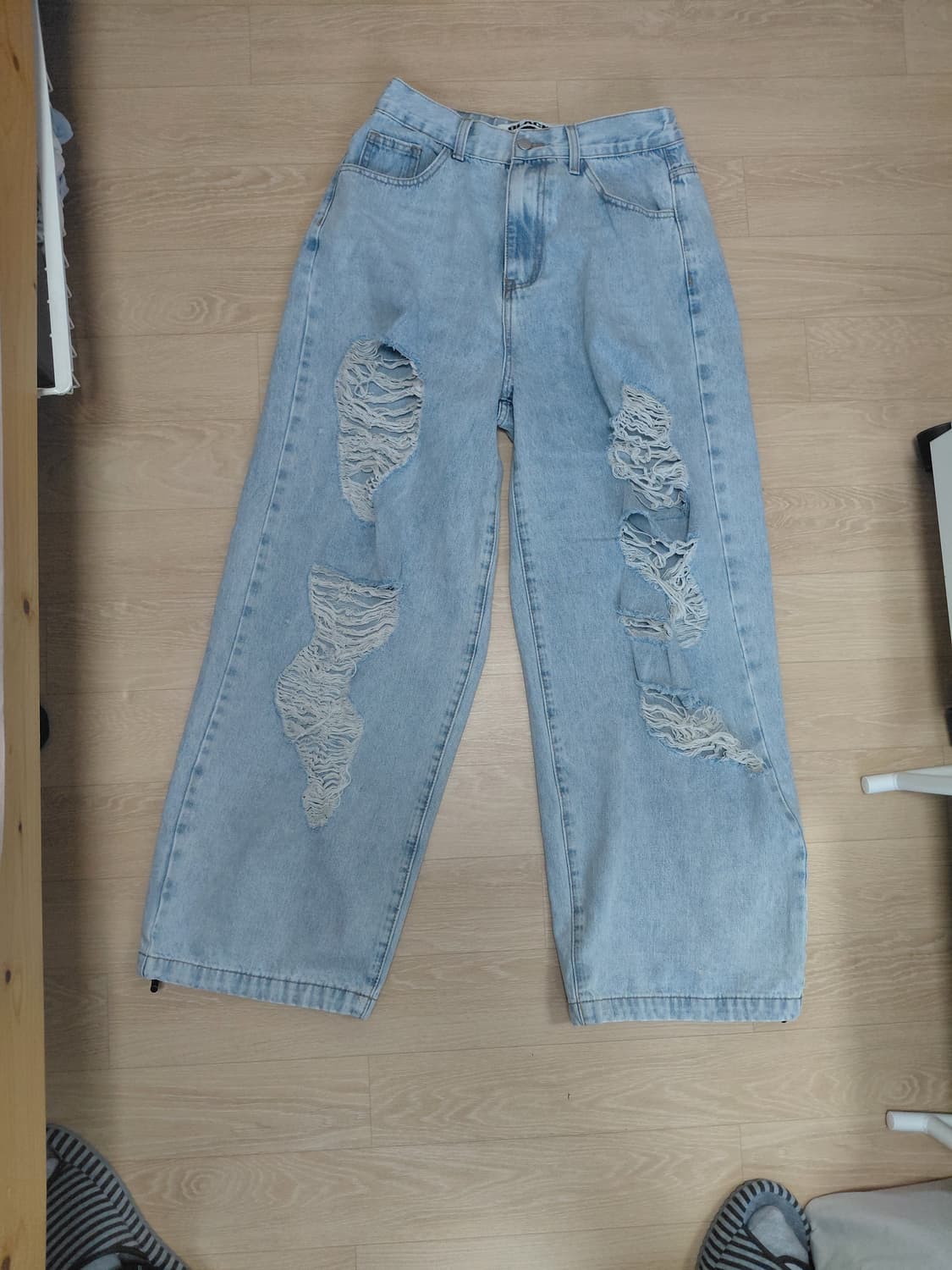 블랙업  BLACKUP 연청 찢청 밑단 스트링 데미지드 와이드진 상품이미지1