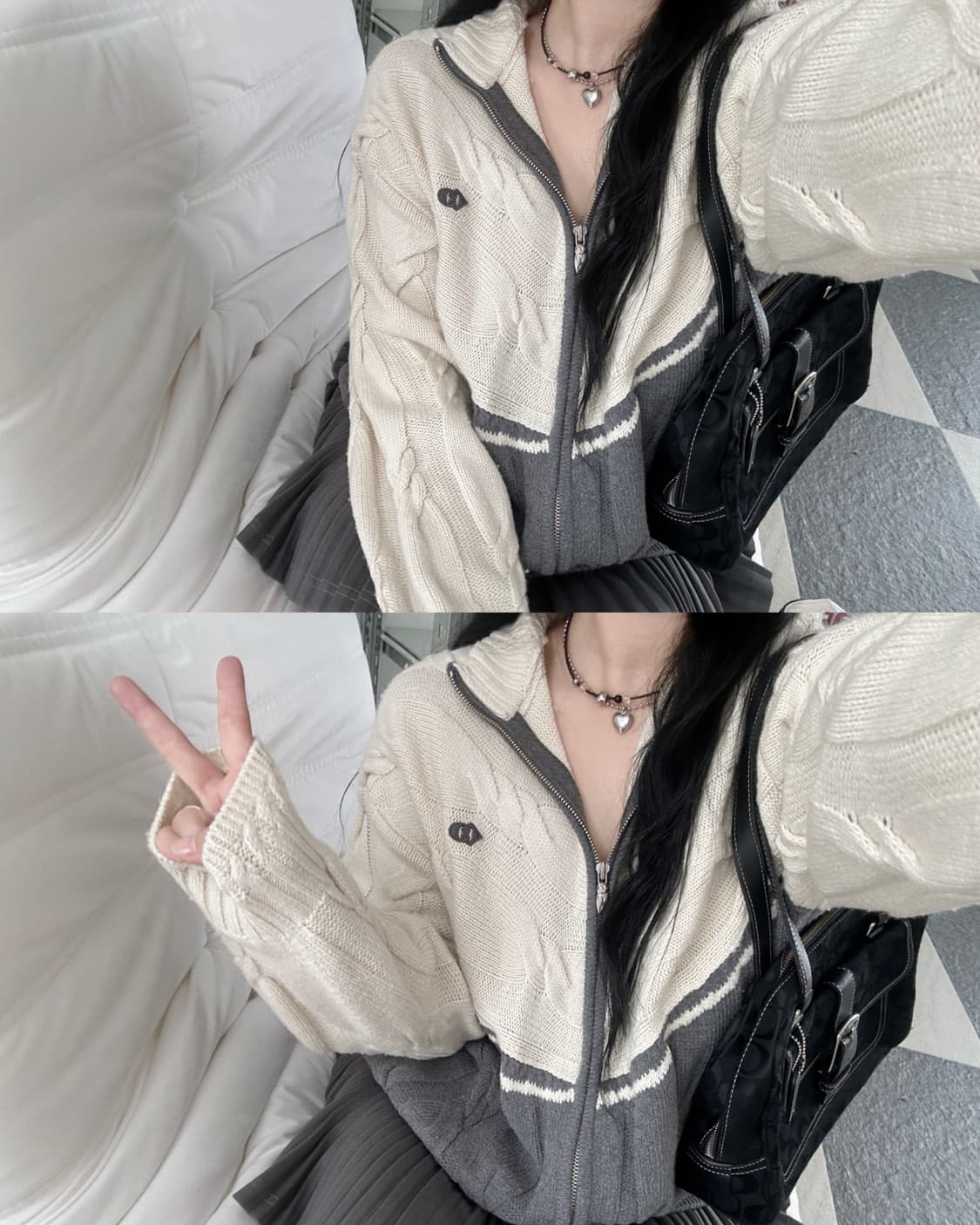 럭키 슈에뜨 25SS 아이보리 배색 케이블 니트집업  상품이미지4