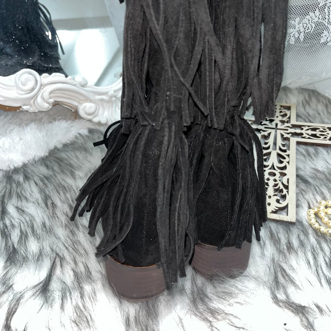 빈티지 블랙 스웨이드 프린지 스퀘어 부츠 상품이미지6