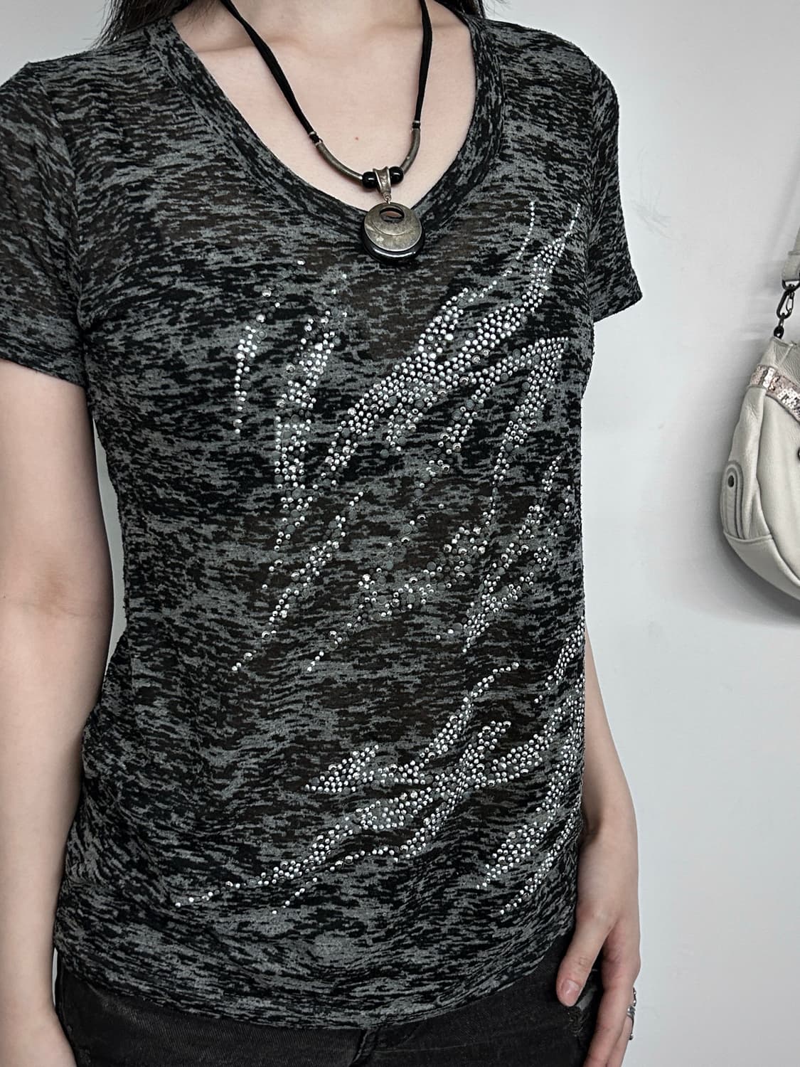 Y2k 펑크 라인스톤 그래픽 슬림 티셔츠 상품이미지3