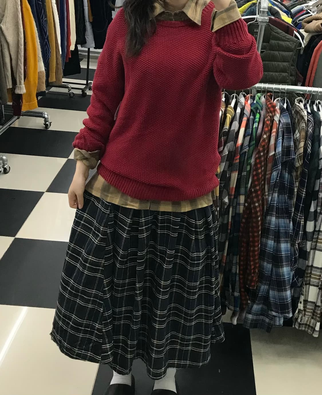 빈티지무드 버건디 니트 +체크스커트+체크셔츠 코디세트 상품이미지1