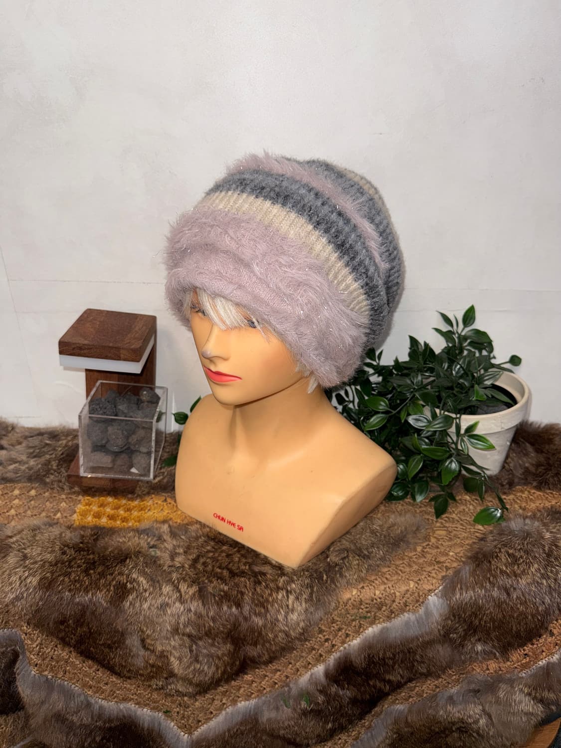 Pink gray glitter stripe loose beanie  상품이미지2