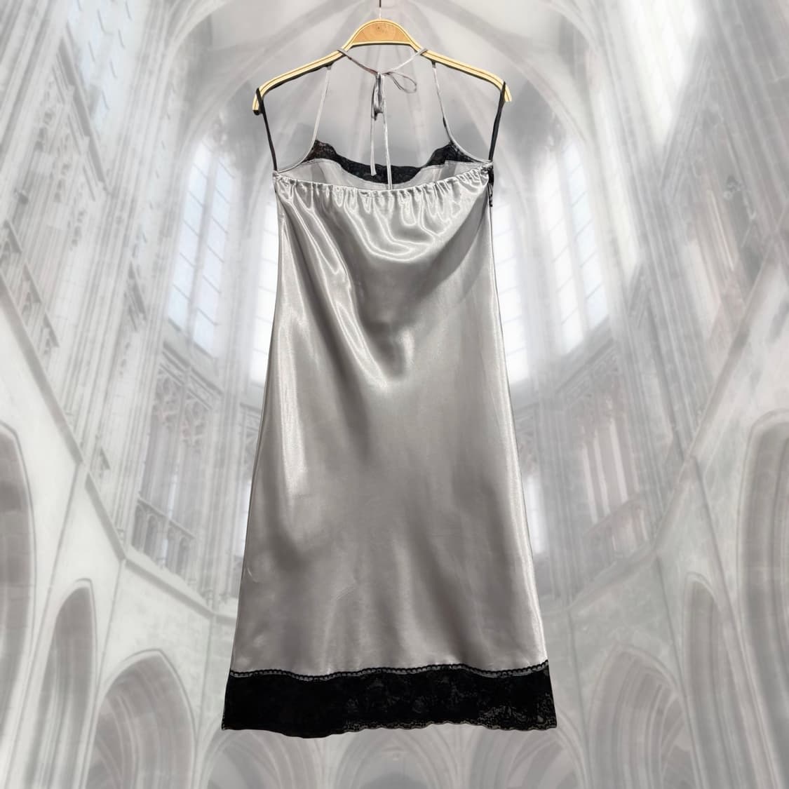 빈티지 실버 새틴 레이스 홀터넥 슬립 원피스 상품이미지6