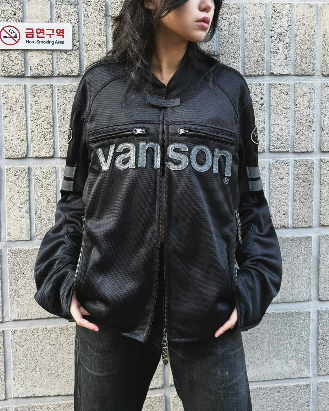 밴슨 로고 디자인 매쉬 바이커자켓 상품이미지1