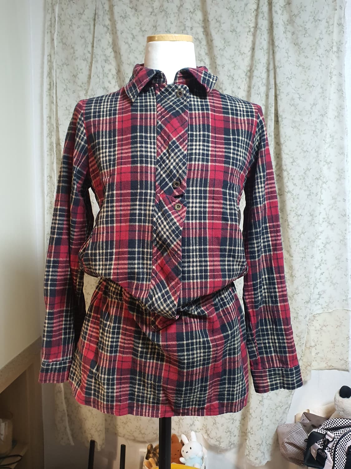 [빈티지] 3종 일괄 레드 체크 롱 셔츠 허리 스트랩 셔츠 상품이미지2