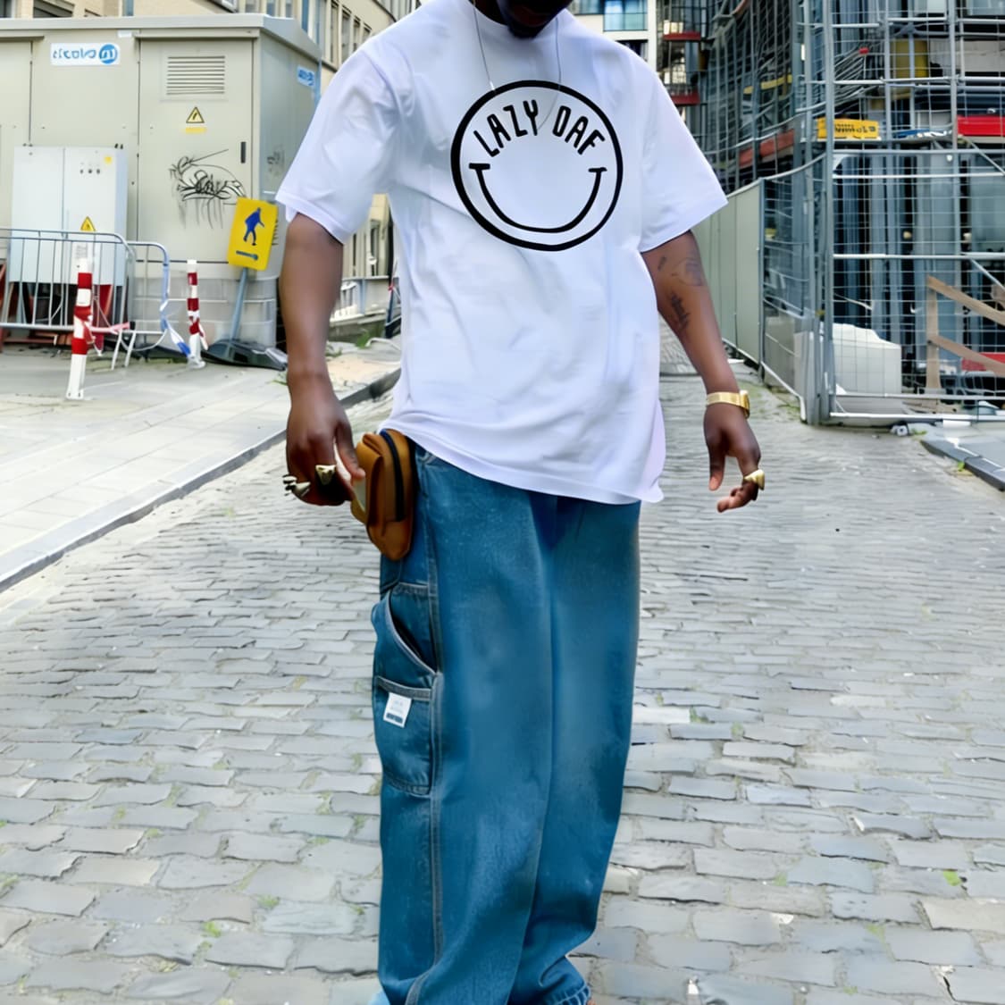 [새상품 L사이즈] LAZY DAF 웃음표 프린트 커스텀 반팔 상품이미지4