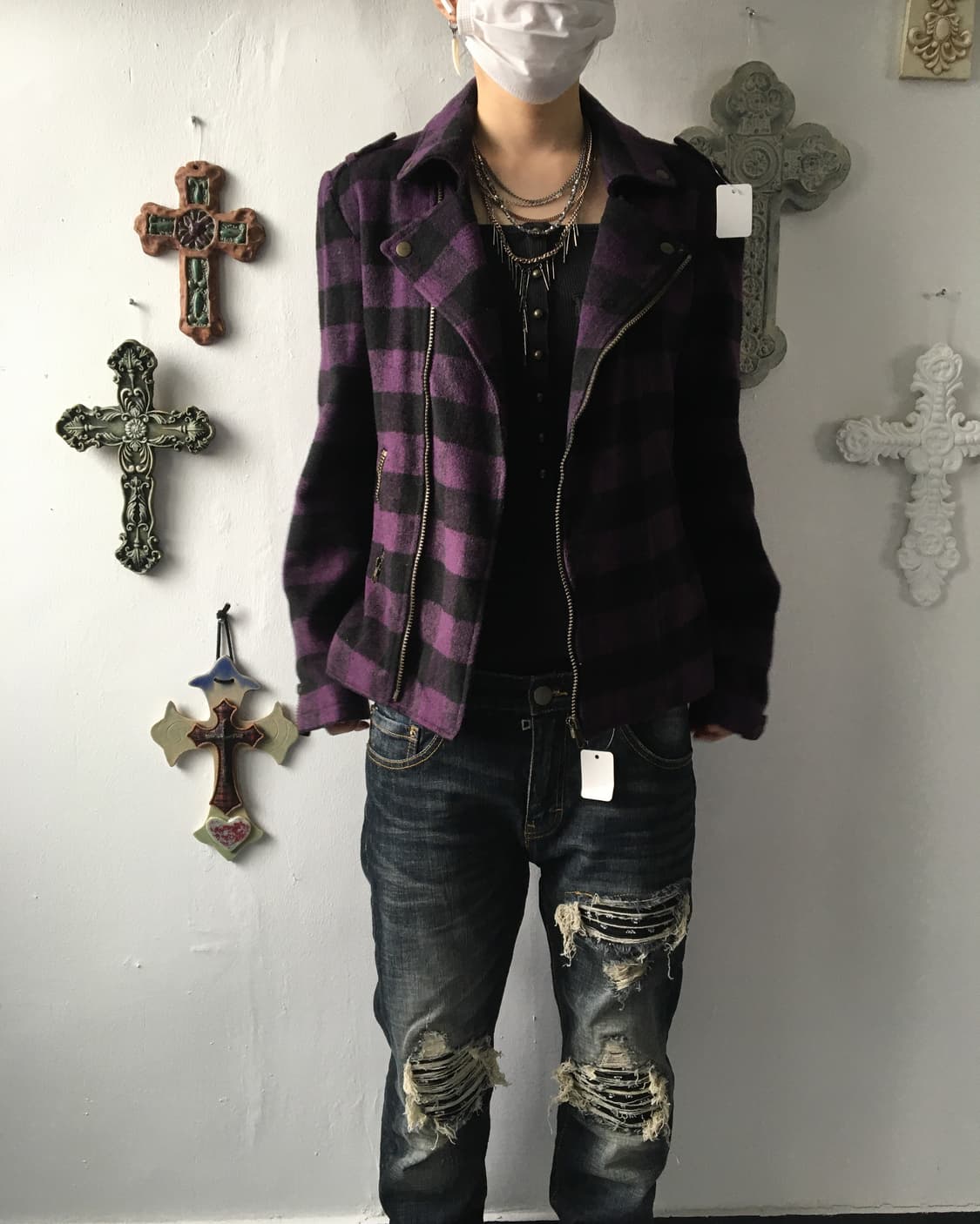 Woolen check pattern rider jacket 상품이미지9