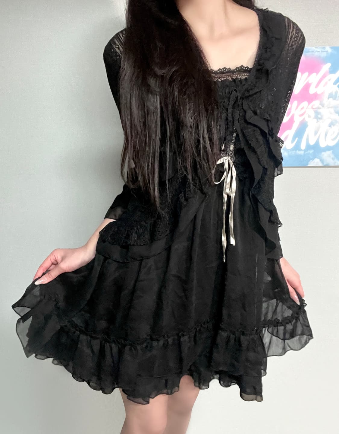 엑시즈팜 엔틱 에스닉 나비 자수 레이스 슬리브리스 쉬폰 블랙 원피스 상품이미지3