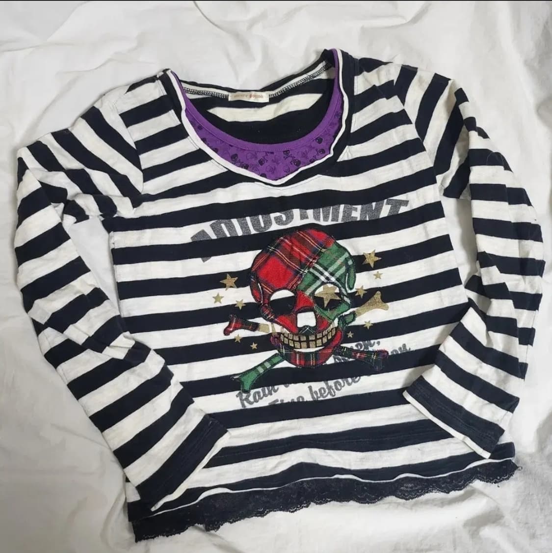 펑크 y2k 해골 자수 패치 스트라이프 롱슬리브 상품이미지1