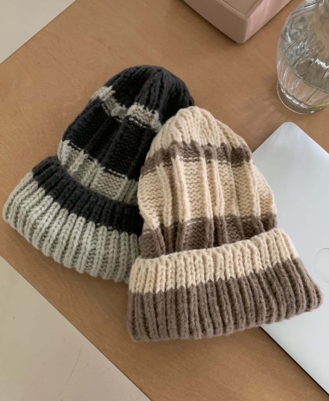 줄무늬 왕골지 배색 니트 비니 모자 (새상품) 상품이미지3