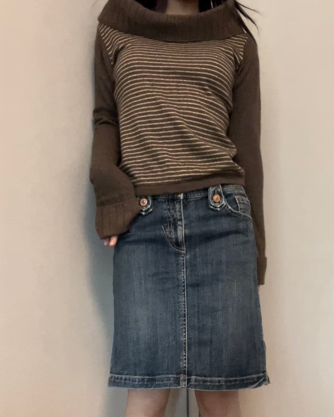 brown stripe off shoulder two way knit 상품이미지4