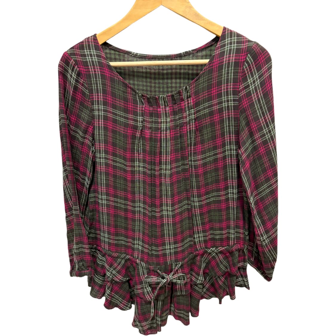 빈티지 하구미낭낭 그린티 체크 플리츠 롱 블라우스 상품이미지6