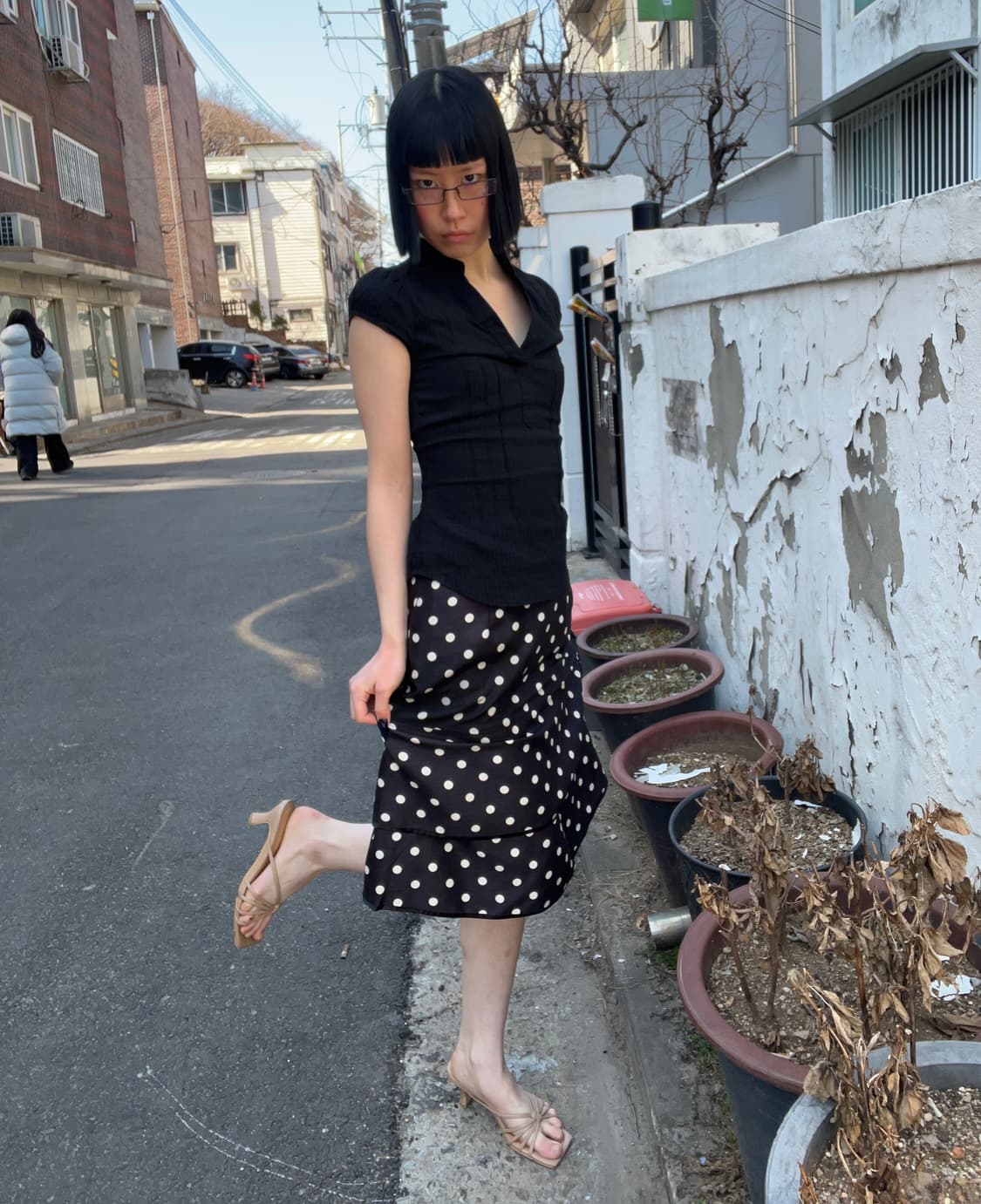 도트 무늬 이단 프릴 미디 스커트 상품이미지2