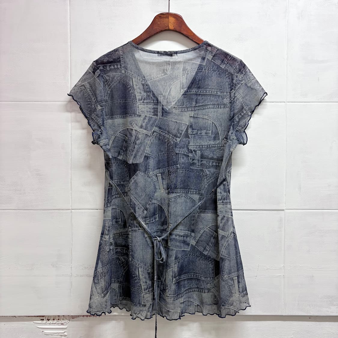 FUKU 시스루 데님패턴 Y2K 리본 탑 블라우스 JPN 상품이미지1