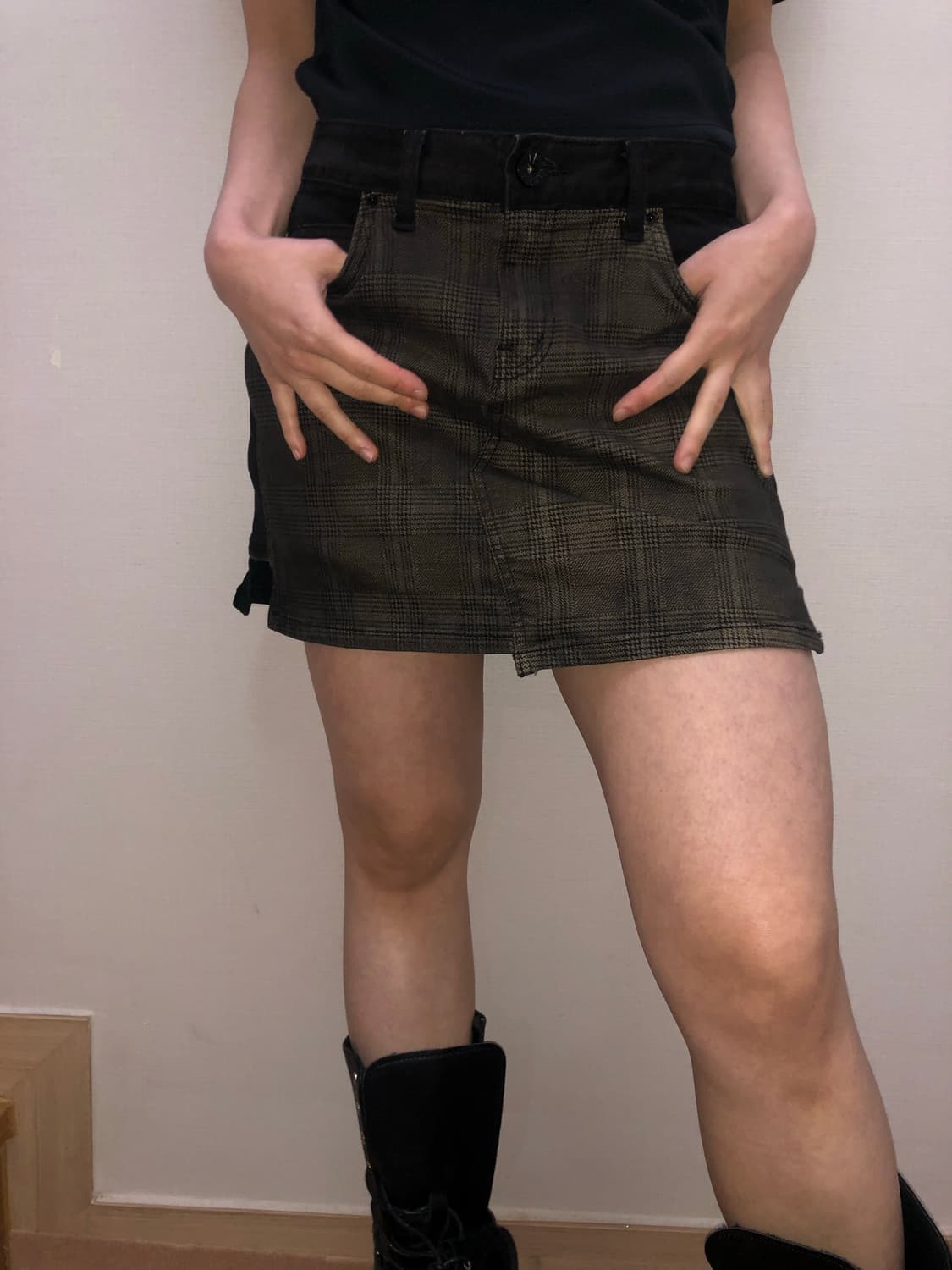 빈티지 브라운 체크 데님 미니 스커트 상품이미지9