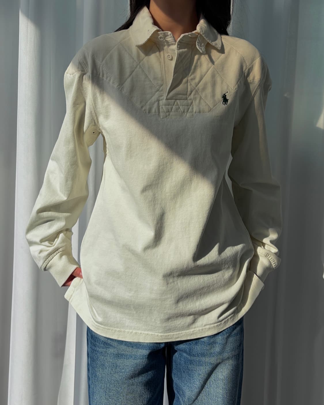 [M]폴로 랄프로렌 숄더 엘보 패치 크림 럭비 티셔츠 상품이미지1