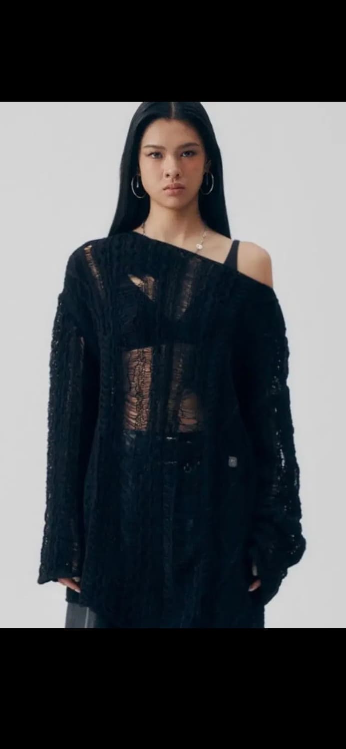 트리밍버드 믹스 데미지 트위스트 니트 (black) 상품이미지1