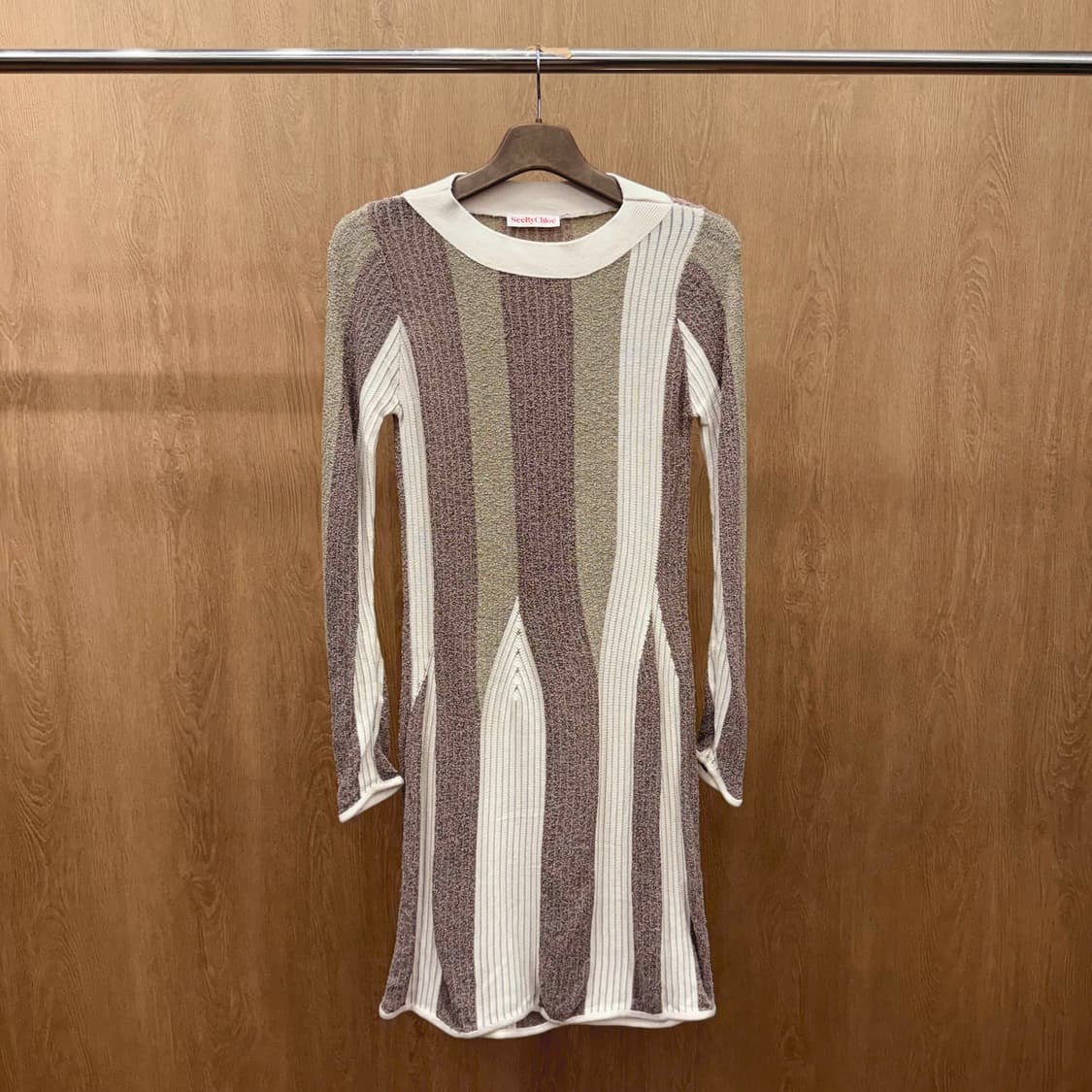 씨 바이 끌로에 니트 원피스 스트라이프 패턴 슬림핏 브라운 아이보리 상품이미지2