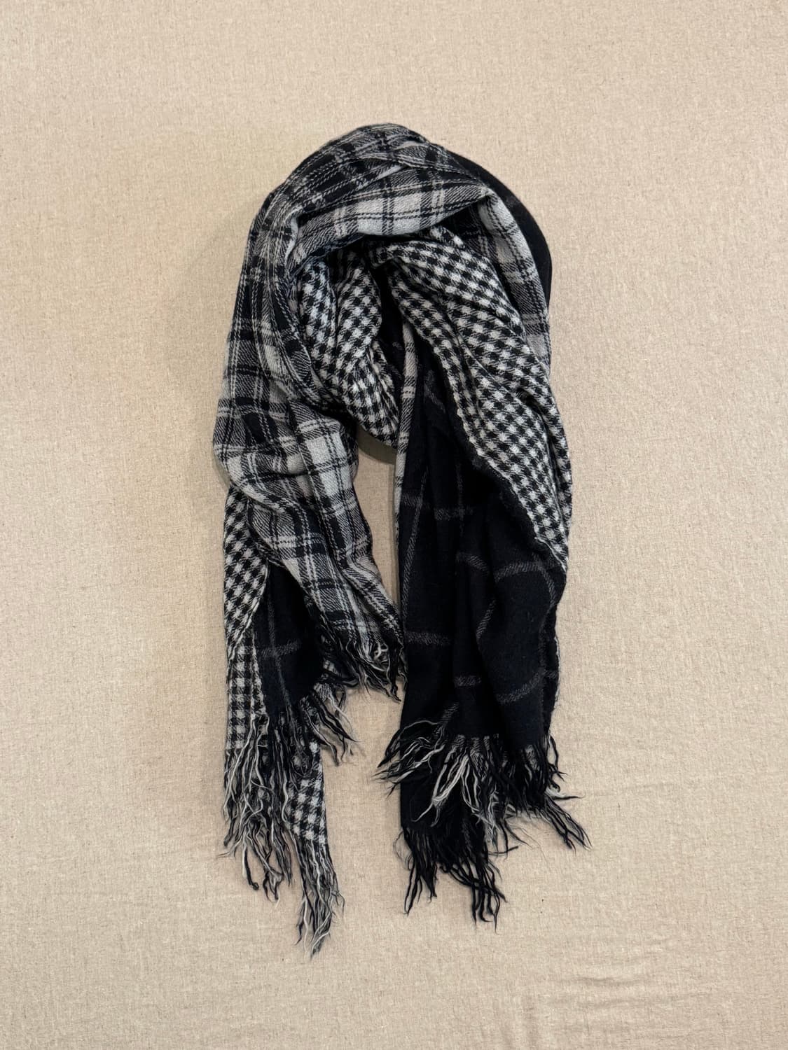 요지야마모토 레이어드 울 체크 머플러 상품이미지1