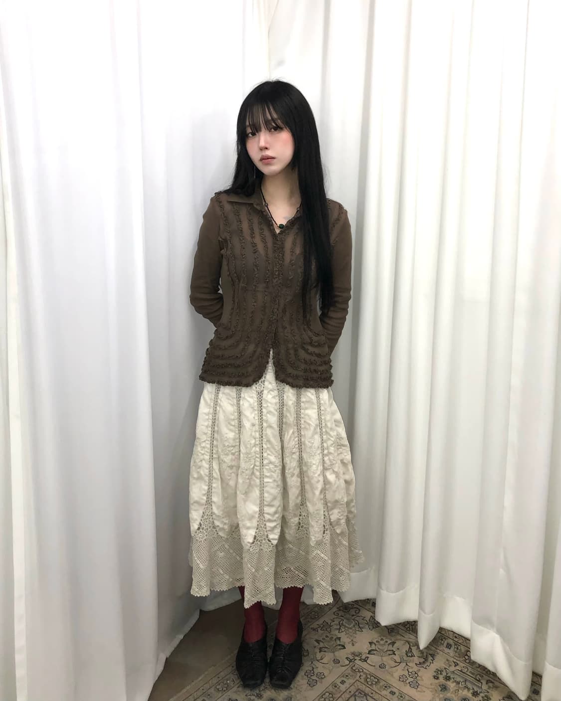 브라운 시스루 프릴 셔츠 상품이미지2