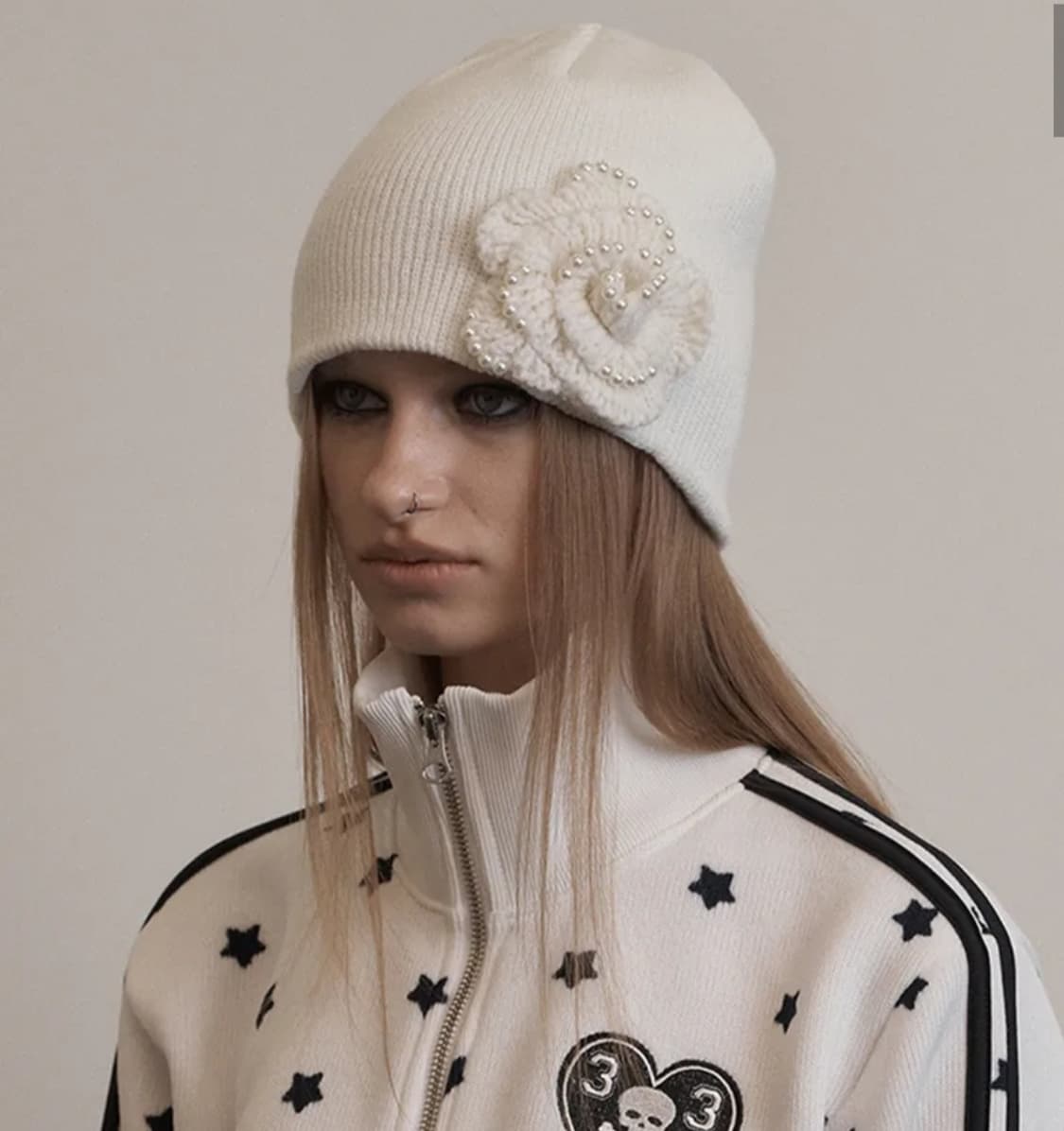 셋업이엑스이 펄 코사지 비니 아이보리 미착용 새제품 상품이미지1