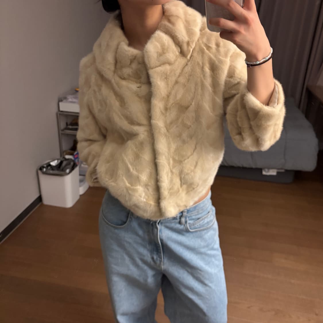 레노마 베이지 아이보리 밍크 퍼 숏 크롭 자켓 재킷 상품이미지3