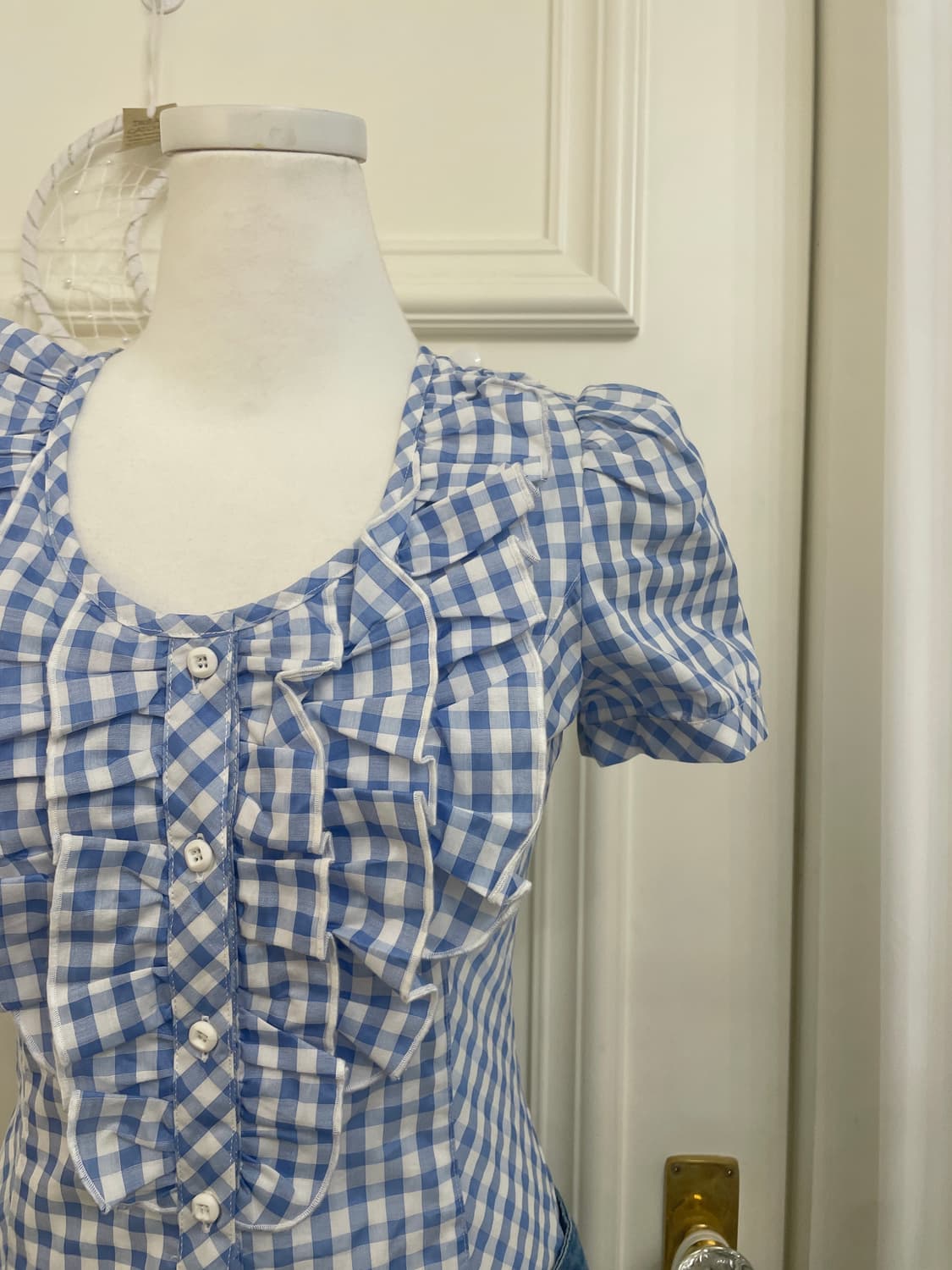 sky blue ginham check ruffle top denim s 상품이미지7