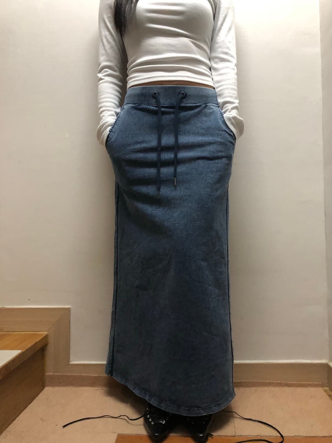빈티지 데님 프린팅 코튼 롱 스커트 상품이미지6