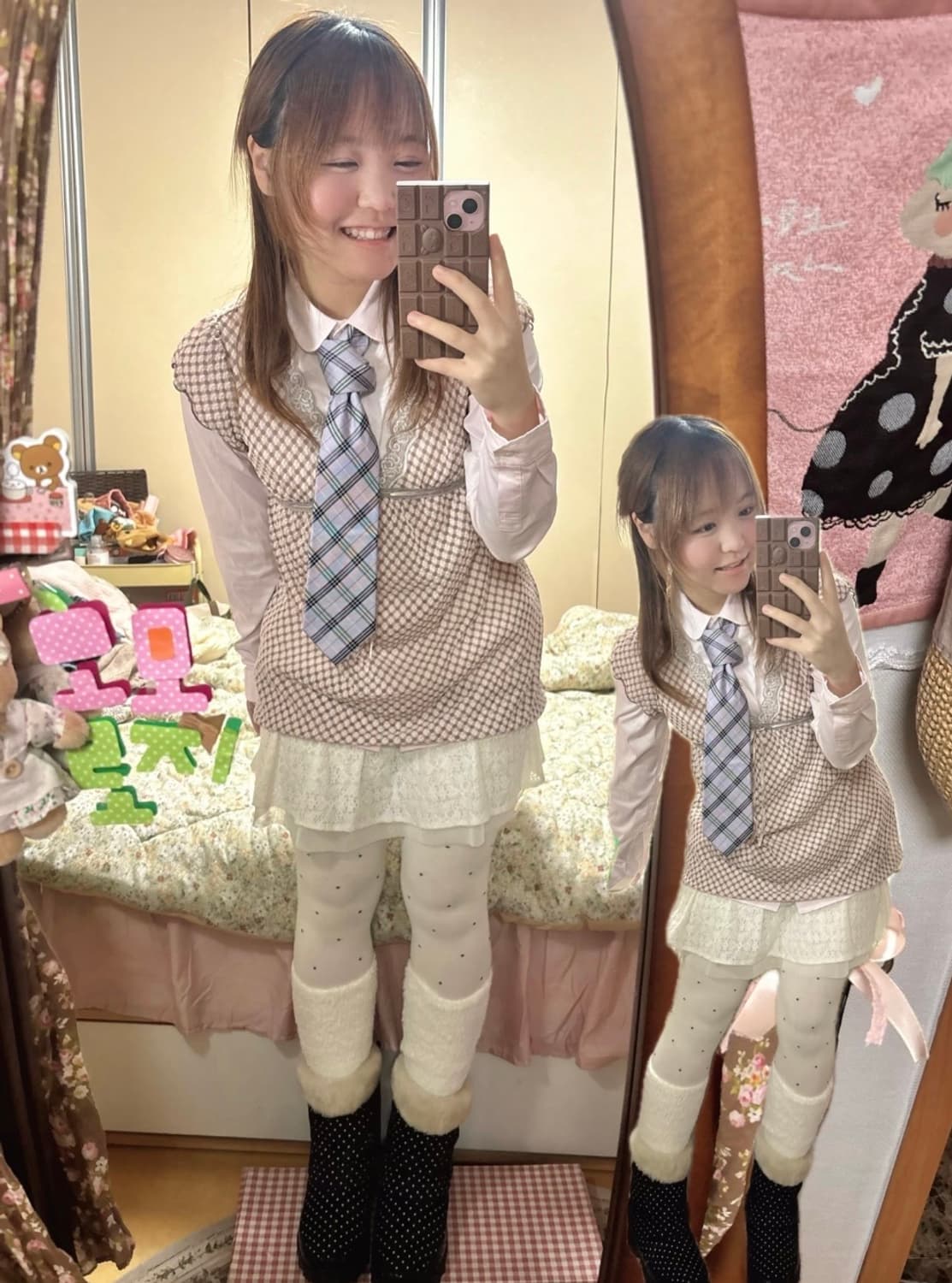 핑크 레이스 니트 + 둥근카라 셔츠 러블리 일본 교복무드 세트 상품이미지3