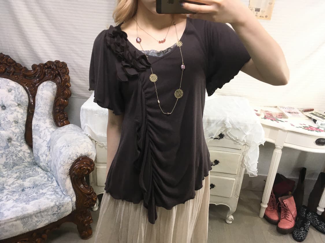 빈티지 아카이브 브라운 셔링 반팔 블라우스 상품이미지3