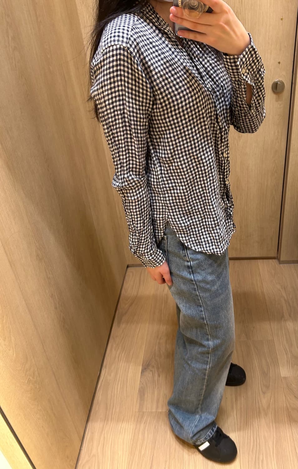 유니클로 깅엄 체크 블라우스 셔츠 네이비 모리걸 레이어드 빈티지 일본 상품이미지4