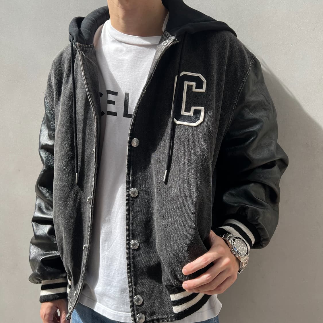 (S+ / L) / 셀린느 블랙 레더 데님 테디 후드 바시티 자켓 상품이미지9