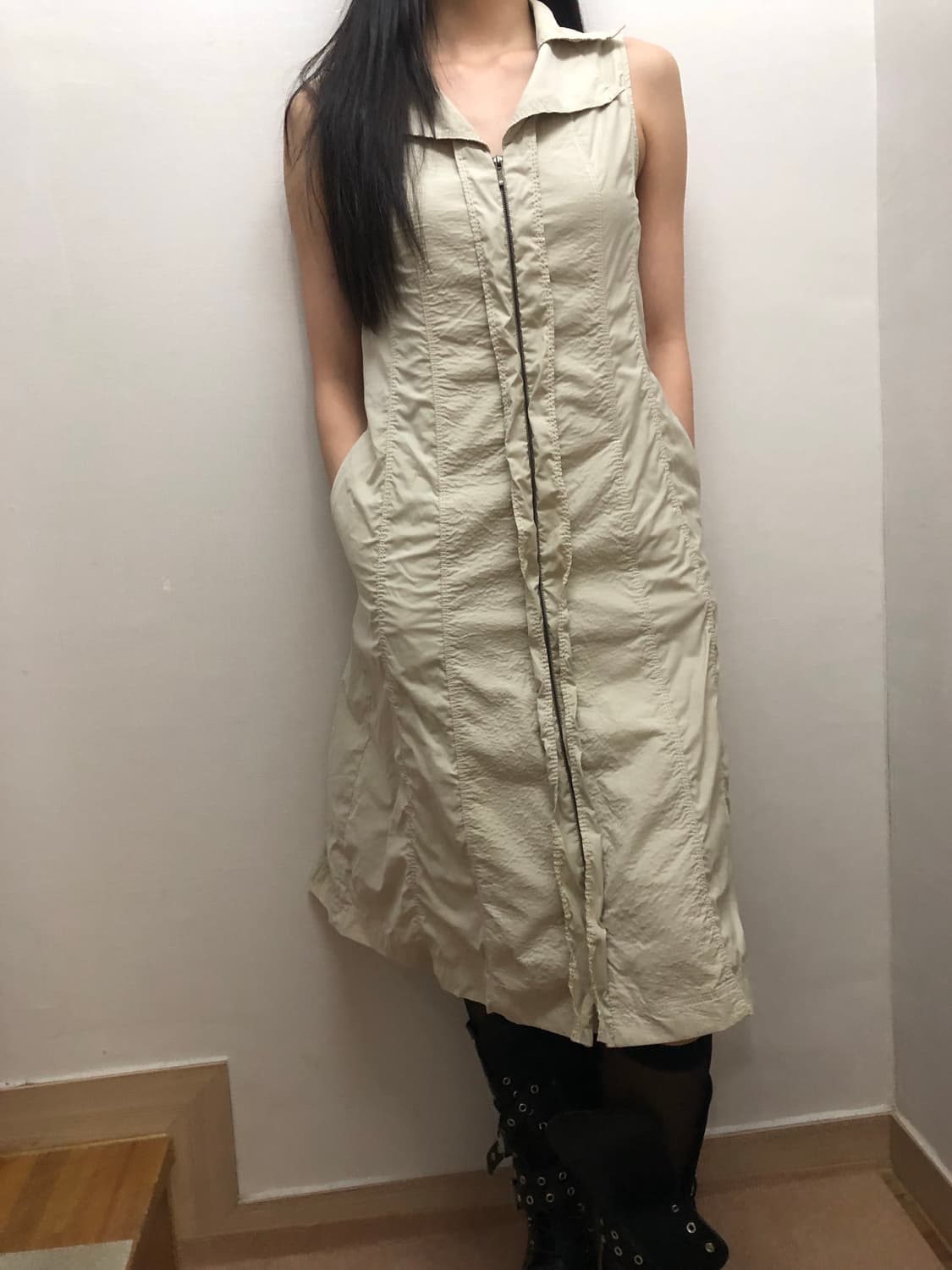 빈티지 베이지 셔링 롱 원피스 상품이미지4