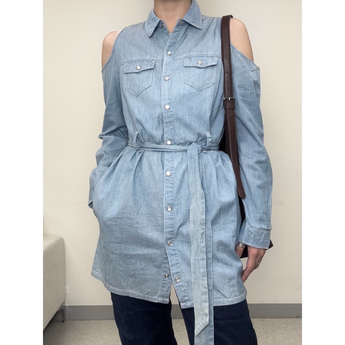 빈티지 연청 데님 컷아웃 오프숄더 셔츠 원피스 상품이미지2