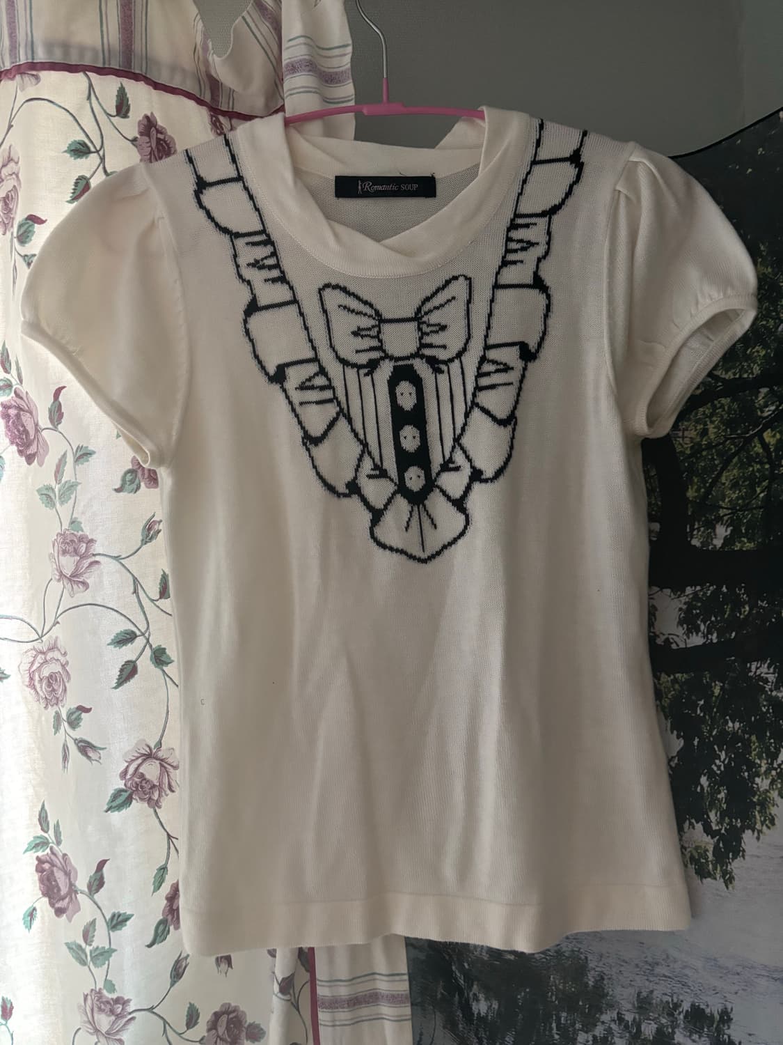 리본 프린트 빈티지 니트 반팔 퍼프 모리걸 하구미 상품이미지1