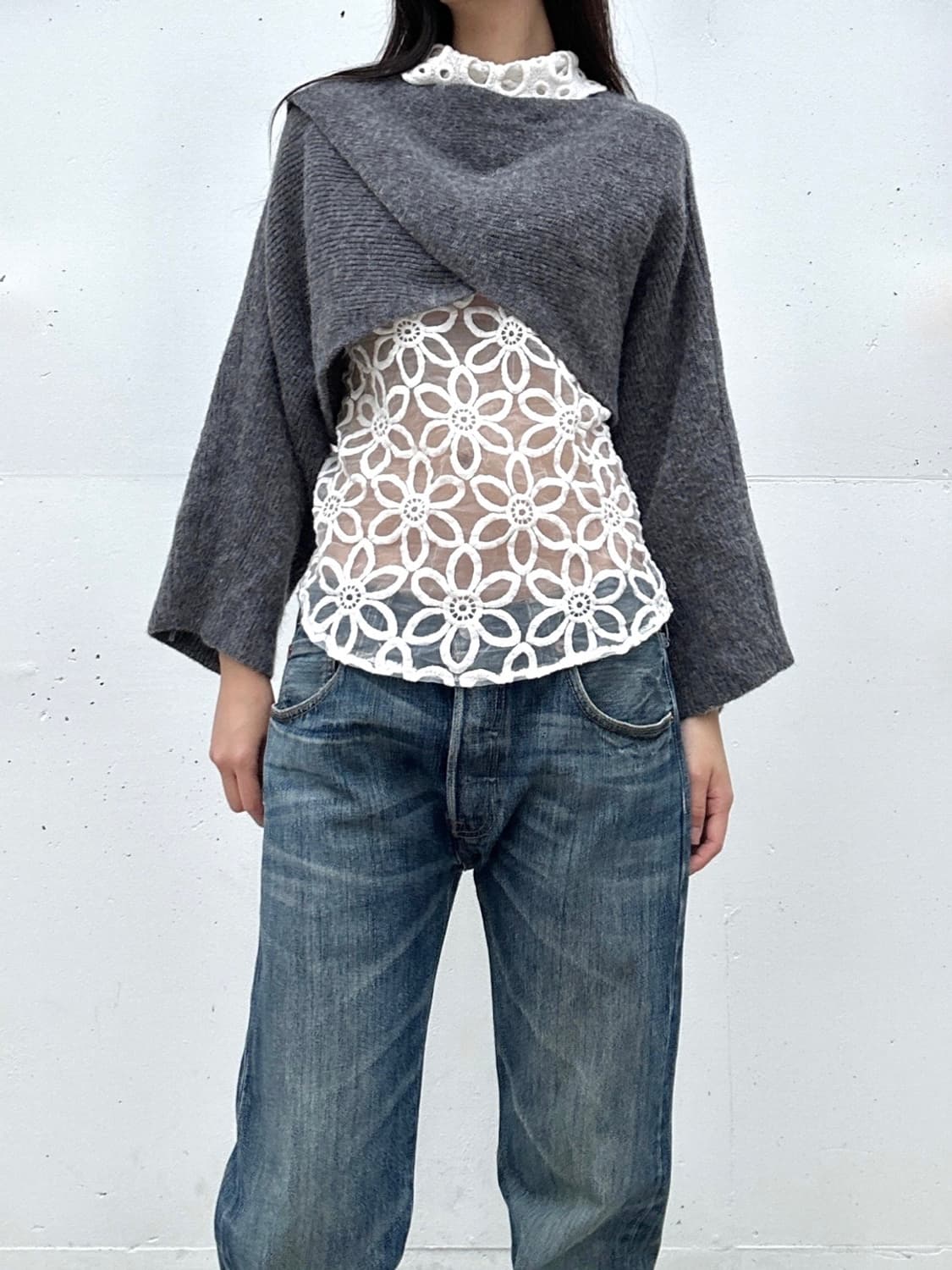 Short vertical open knit / grey 상품이미지5