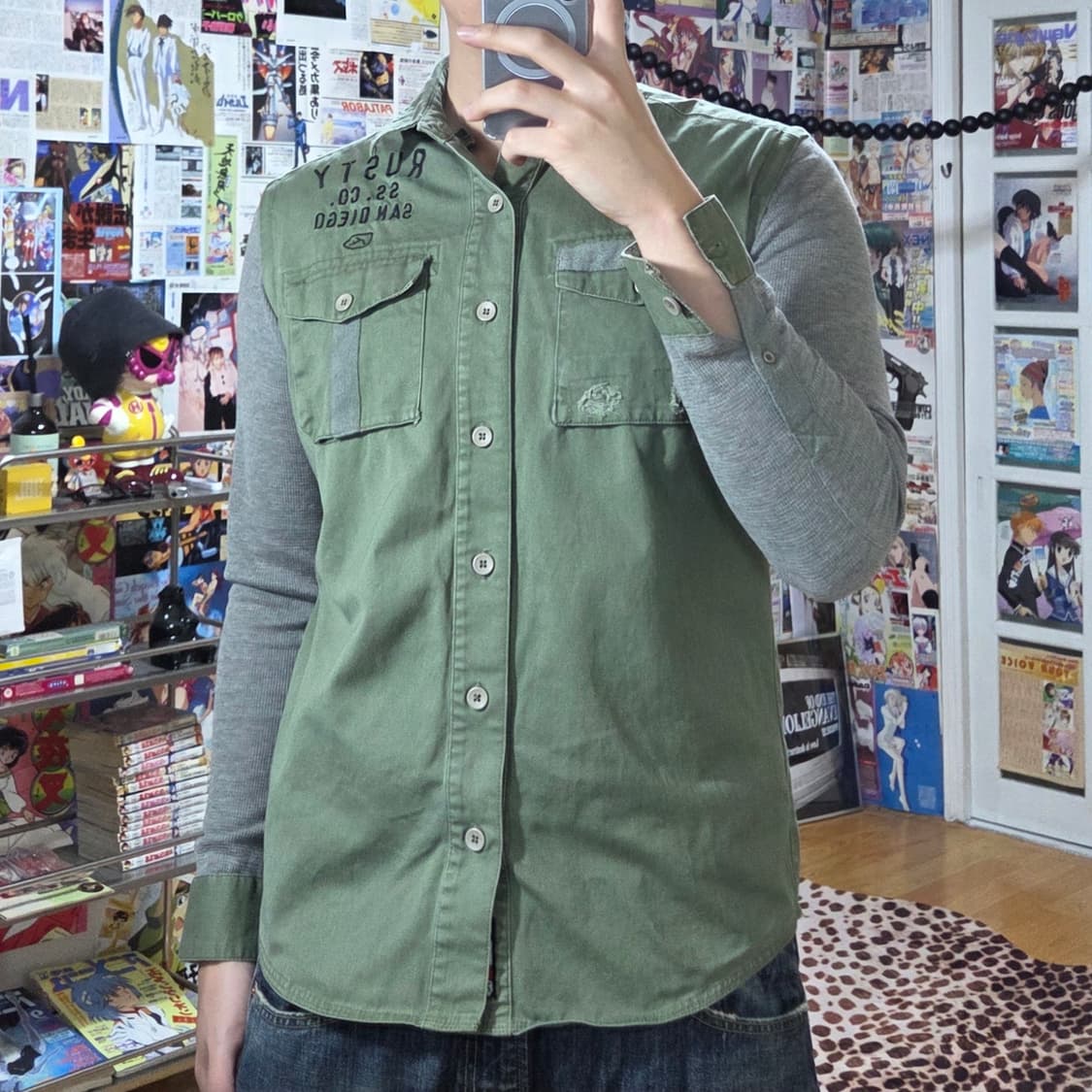 JPN 골지 코튼 카키 밀리터리 투웨이 셔츠 상품이미지1
