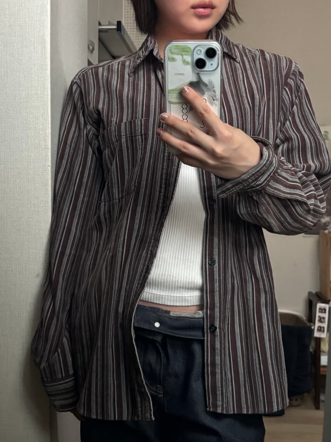 브라운 스트라이프 빈티지 셔츠  상품이미지1