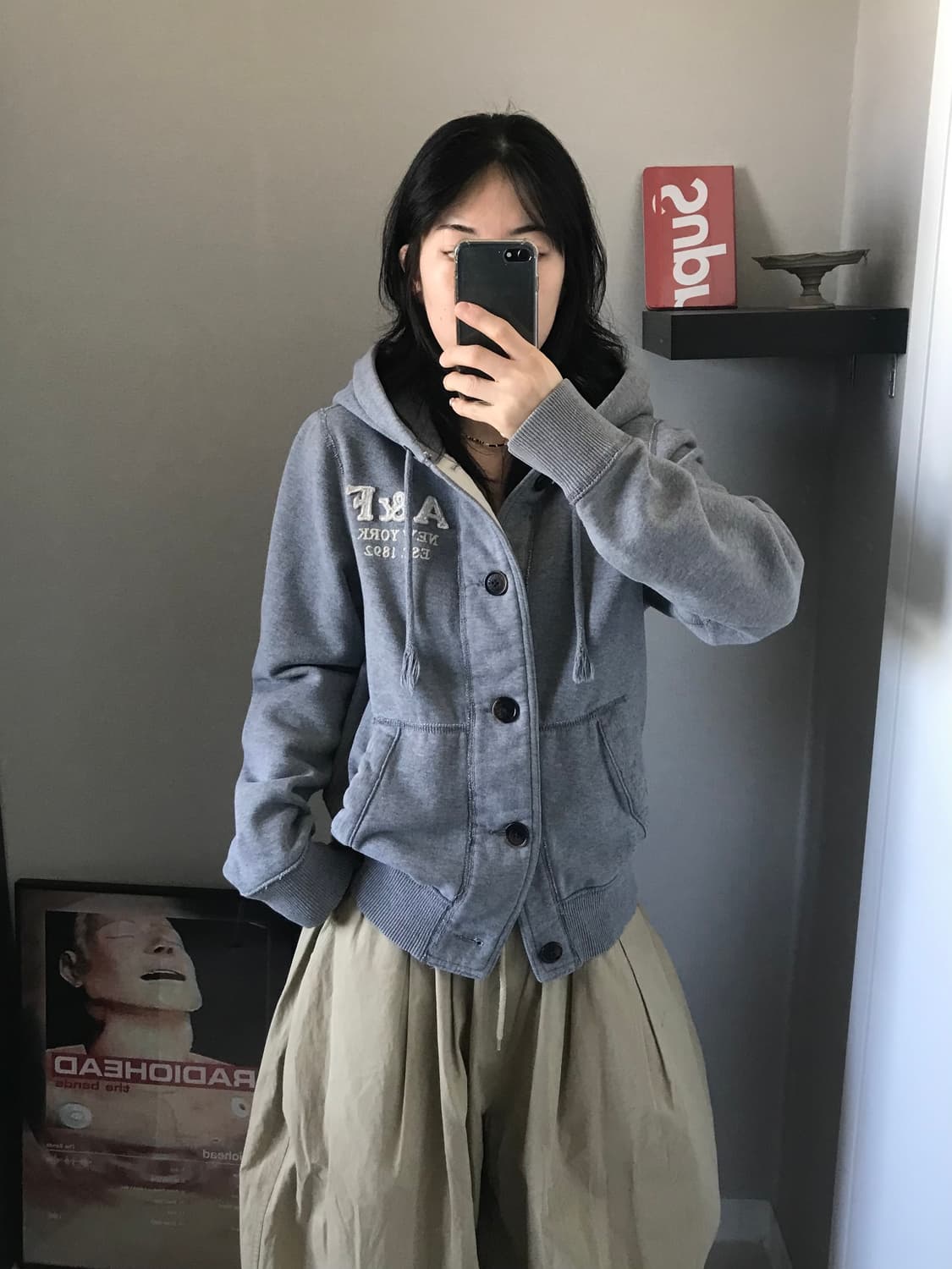 아베크롬비 자수 로고 그레이 버튼 후드집업 상품이미지2