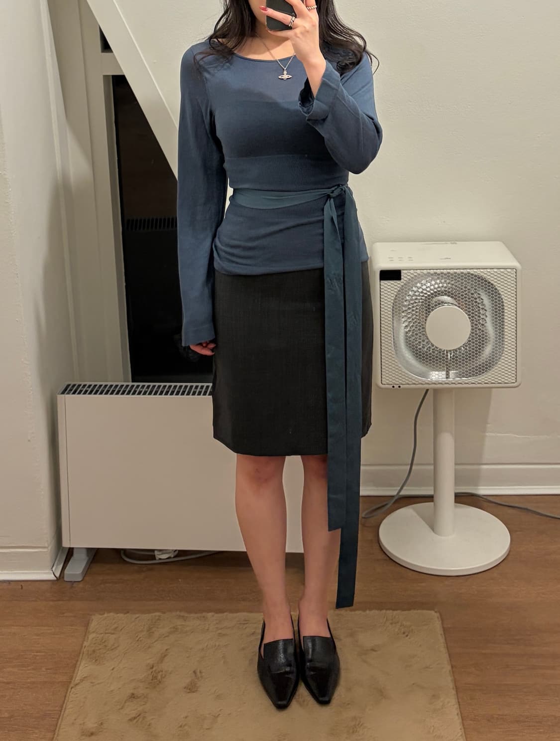 그레이 H라인 미디 스커트 상품이미지4